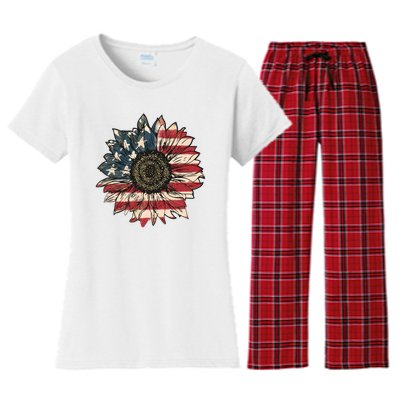 America Sunflower USA Flag Flower Gift For American 4th Of July Flag  Freedom Women's Flannel Pajama Set