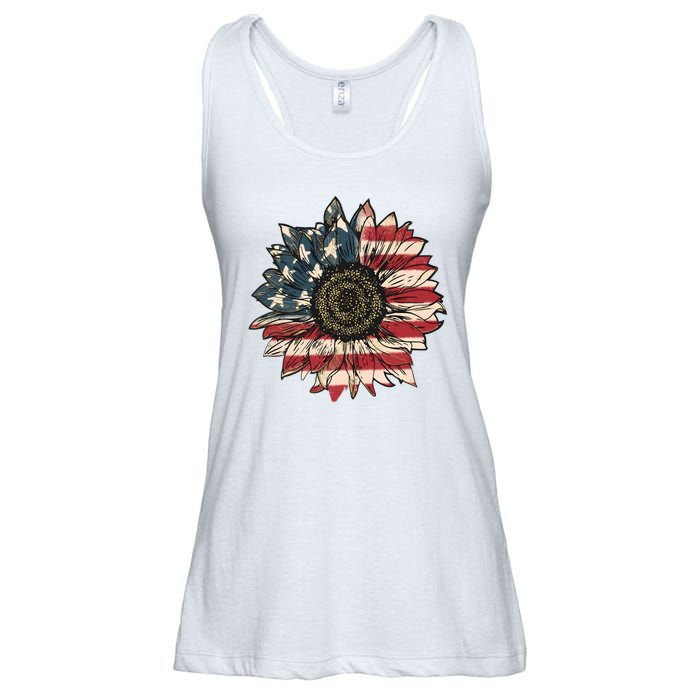 America Sunflower USA Flag Flower Gift For American 4th Of July Flag  Freedom Ladies Essential Flowy Tank