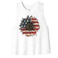 America Sunflower USA Flag Flower Gift For American 4th Of July Flag  Freedom Women's Racerback Cropped Tank