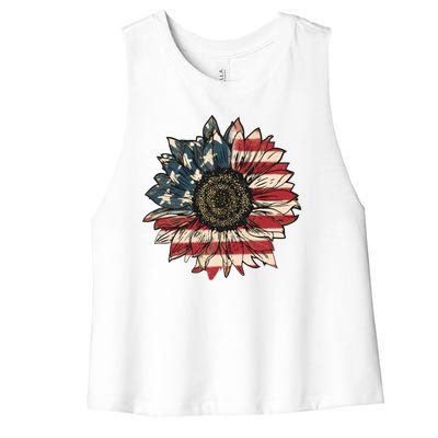 America Sunflower USA Flag Flower Gift For American 4th Of July Flag  Freedom Women's Racerback Cropped Tank