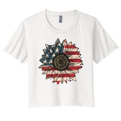 America Sunflower USA Flag Flower Gift For American 4th Of July Flag  Freedom Women's Crop Top Tee