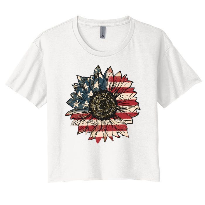 America Sunflower USA Flag Flower Gift For American 4th Of July Flag  Freedom Women's Crop Top Tee