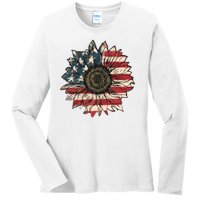 America Sunflower USA Flag Flower Gift For American 4th Of July Flag  Freedom Ladies Long Sleeve Shirt