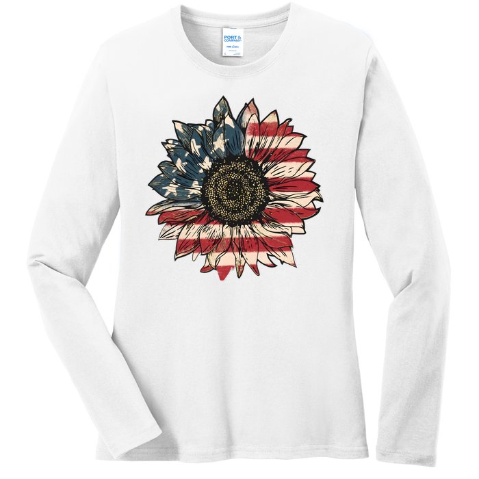 America Sunflower USA Flag Flower Gift For American 4th Of July Flag  Freedom Ladies Long Sleeve Shirt