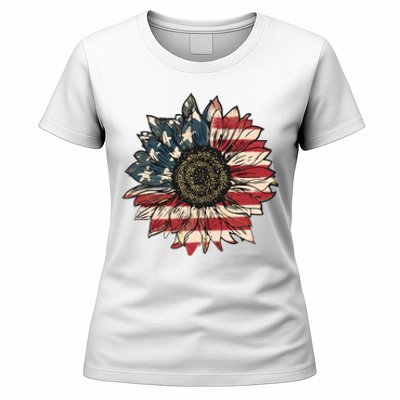 America Sunflower USA Flag Flower Gift For American 4th Of July Flag  Freedom Women's T-Shirt