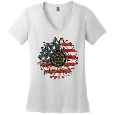 America Sunflower USA Flag Flower Gift For American 4th Of July Flag  Freedom Women's V-Neck T-Shirt