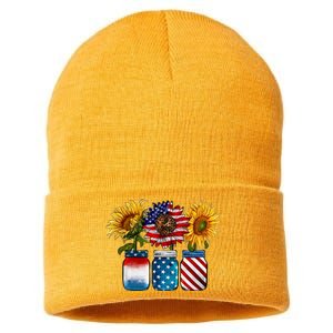 America Sunflower USA Flag Flower T For American 4th Of July Sustainable Knit Beanie