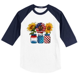 America Sunflower USA Flag Flower T For American 4th Of July Baseball Sleeve Shirt