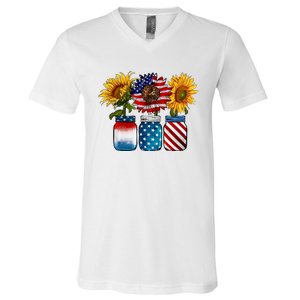 America Sunflower USA Flag Flower T For American 4th Of July V-Neck T-Shirt