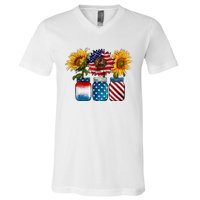 America Sunflower USA Flag Flower T For American 4th Of July V-Neck T-Shirt