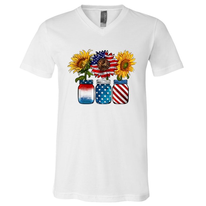 America Sunflower USA Flag Flower T For American 4th Of July V-Neck T-Shirt