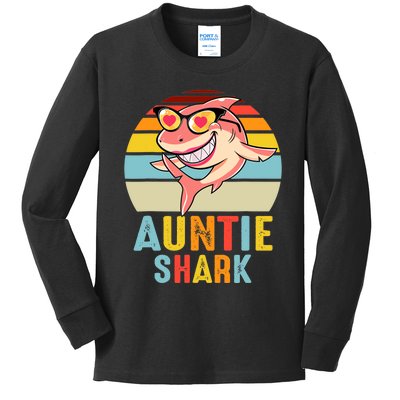 Auntie Shark Vintage Retro Pajamas Shark Lover Father's Day Kids Long Sleeve Shirt