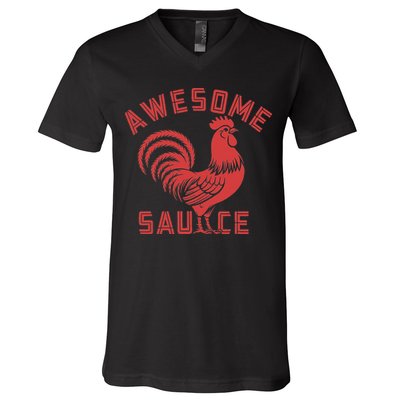 Awesome Sauce With Picture Of Rooster Funny Retro V-Neck T-Shirt