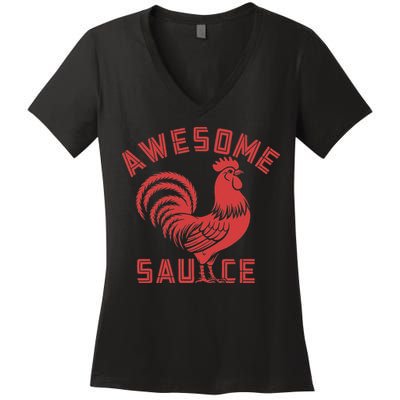 Awesome Sauce With Picture Of Rooster Funny Retro Women's V-Neck T-Shirt