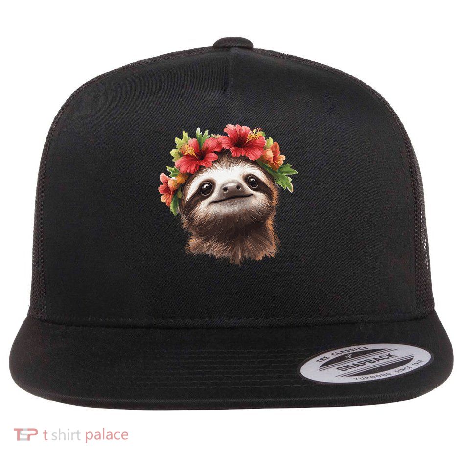 Adorable Sloth with Flower Crown Flat Bill Trucker Hat