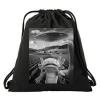 Axolotl Selfie With Alien UFO Funny Axolotl Gifts For Women Drawstring Bag