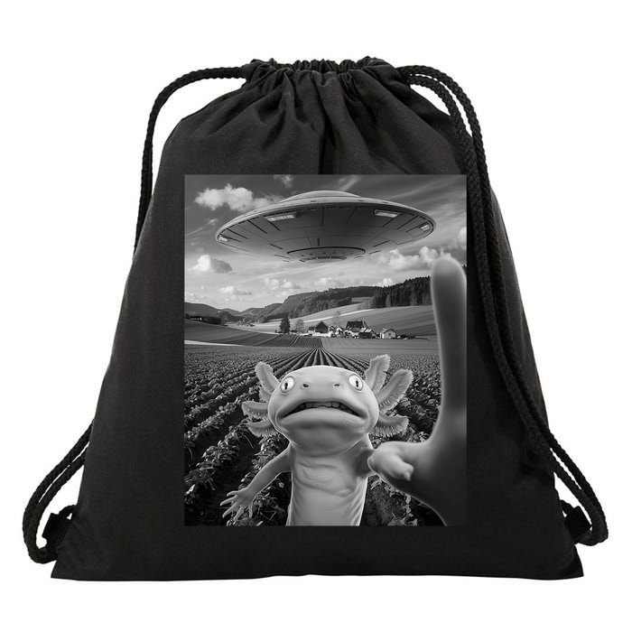 Axolotl Selfie With Alien UFO Funny Axolotl Gifts For Women Drawstring Bag