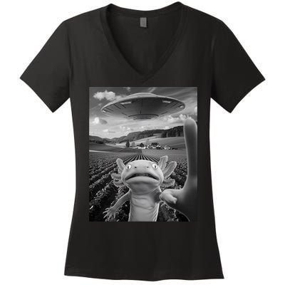 Axolotl Selfie With Alien UFO Funny Axolotl Gifts For Women Women's V-Neck T-Shirt