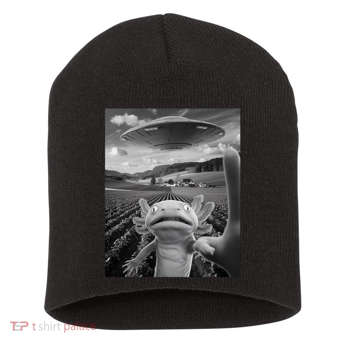 Axolotl Selfie With Alien UFO Funny Axolotl Gifts For Women Short Acrylic Beanie