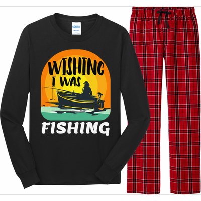 Angler Saying Wishing I Was Fishing Long Sleeve Pajama Set