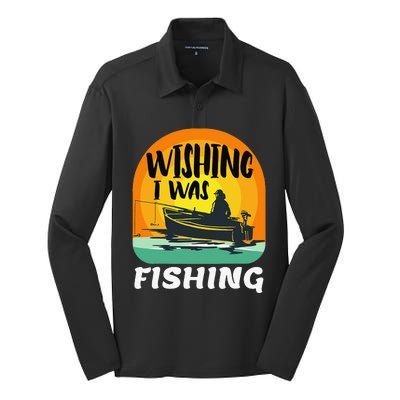 Angler Saying Wishing I Was Fishing Silk Touch Performance Long Sleeve Polo