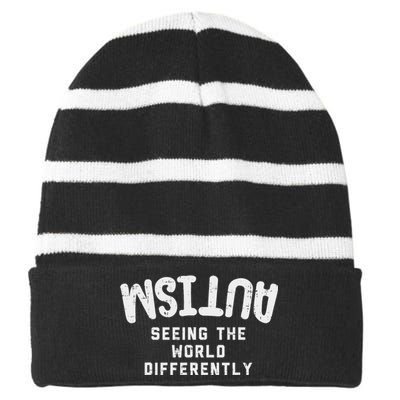 Autism Seeing World Differently Awareness Autistic Striped Beanie with Solid Band