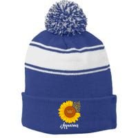 Aquarius Sunflower Zodiac Sign Floral Astrology Gift Stripe Pom Pom Beanie