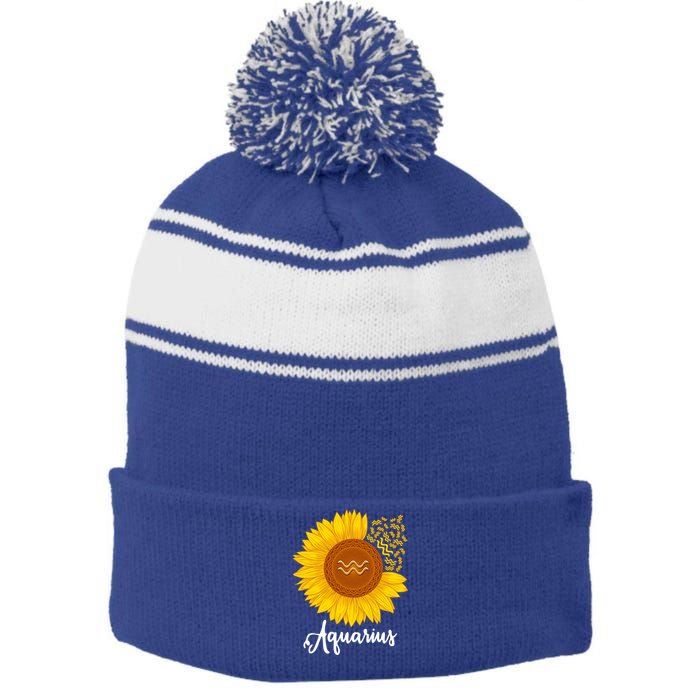 Aquarius Sunflower Zodiac Sign Floral Astrology Gift Stripe Pom Pom Beanie