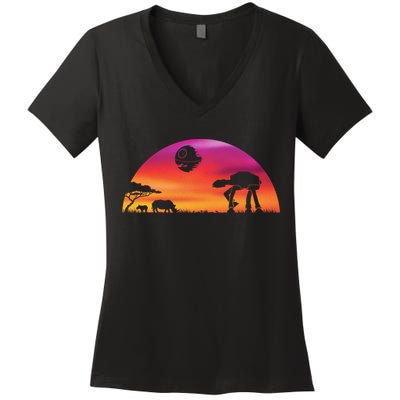 AT-AT Death Star Sunrise Silhouette Women's V-Neck T-Shirt