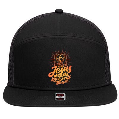 At The Name Of Jesus Every Knee Will Bow 7 Panel Mesh Trucker Snapback Hat