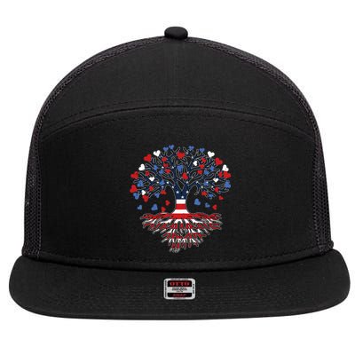 American Tree 4th Of July USA Flag Hearts Roots Patriotic 7 Panel Mesh Trucker Snapback Hat