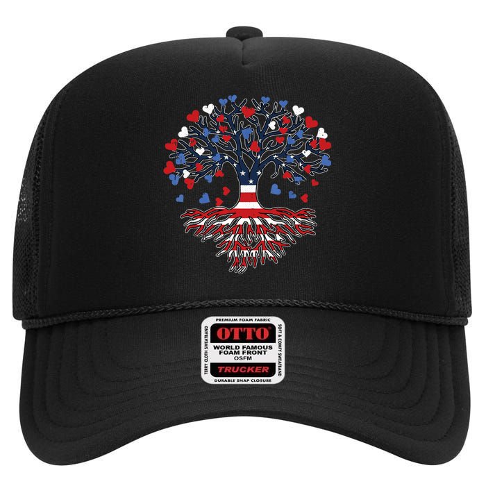 American Tree 4th Of July USA Flag Hearts Roots Patriotic High Crown Mesh Back Trucker Hat