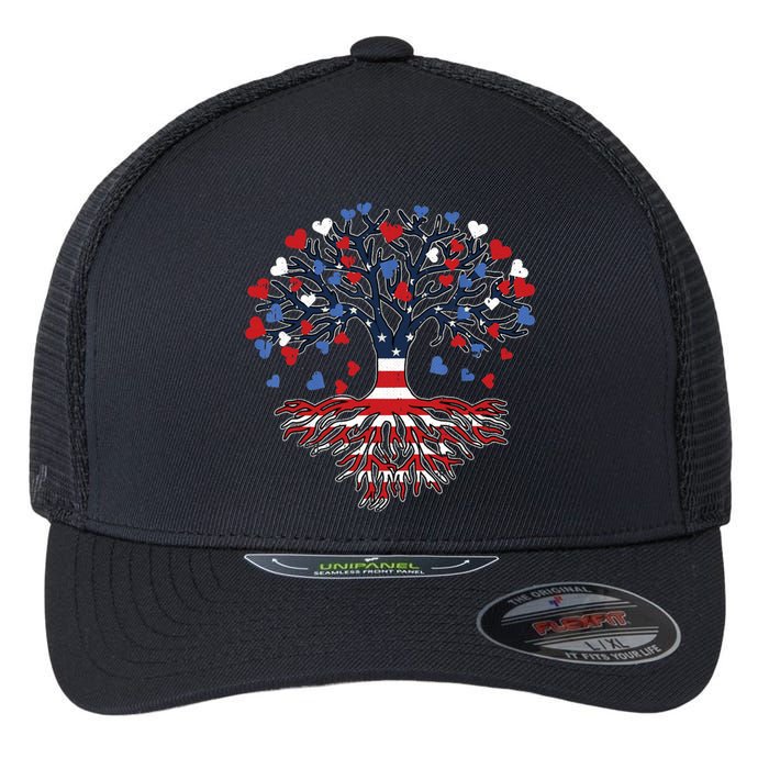 American Tree 4th Of July USA Flag Hearts Roots Patriotic Flexfit Unipanel Trucker Cap