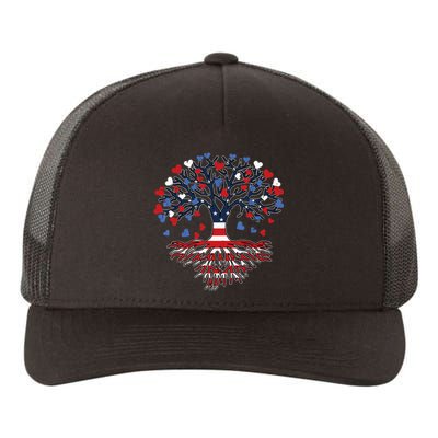 American Tree 4th Of July USA Flag Hearts Roots Patriotic Yupoong Adult 5-Panel Trucker Hat