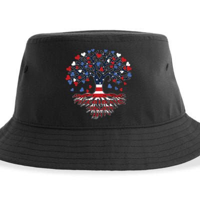 American Tree 4th Of July USA Flag Hearts Roots Patriotic Sustainable Bucket Hat