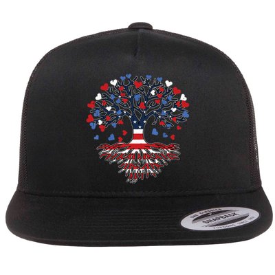 American Tree 4th Of July USA Flag Hearts Roots Patriotic Flat Bill Trucker Hat