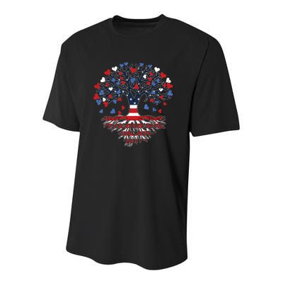 American Tree 4th Of July USA Flag Hearts Roots Patriotic Youth Performance Sprint T-Shirt