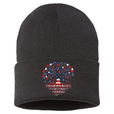 American Tree 4th Of July USA Flag Hearts Roots Patriotic Sustainable Knit Beanie