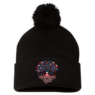 American Tree 4th Of July USA Flag Hearts Roots Patriotic Pom Pom 12in Knit Beanie