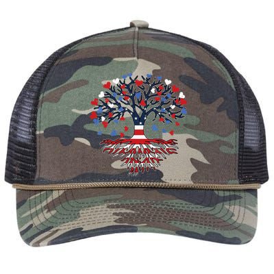 American Tree 4th Of July USA Flag Hearts Roots Patriotic Retro Rope Trucker Hat Cap