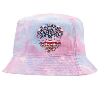 American Tree 4th Of July USA Flag Hearts Roots Patriotic Tie-Dyed Bucket Hat