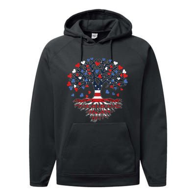 American Tree 4th Of July USA Flag Hearts Roots Patriotic Performance Fleece Hoodie