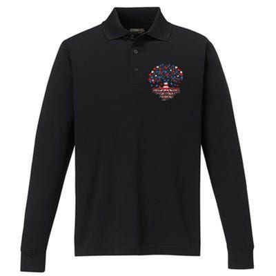 American Tree 4th Of July USA Flag Hearts Roots Patriotic Performance Long Sleeve Polo