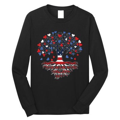 American Tree 4th Of July USA Flag Hearts Roots Patriotic Long Sleeve Shirt