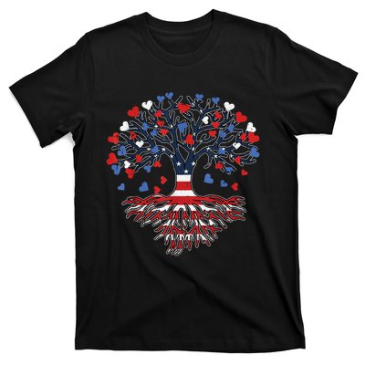 American Tree 4th Of July USA Flag Hearts Roots Patriotic T-Shirt