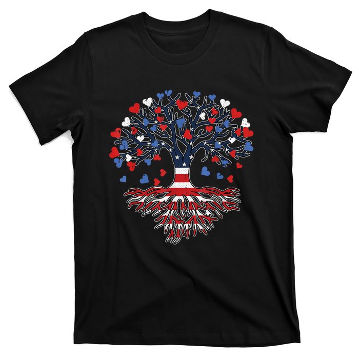 American Tree 4th Of July USA Flag Hearts Roots Patriotic T-Shirt