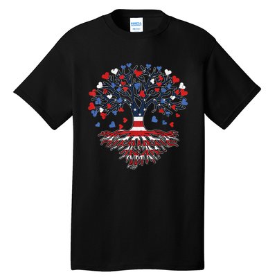 American Tree 4th Of July USA Flag Hearts Roots Patriotic Tall T-Shirt