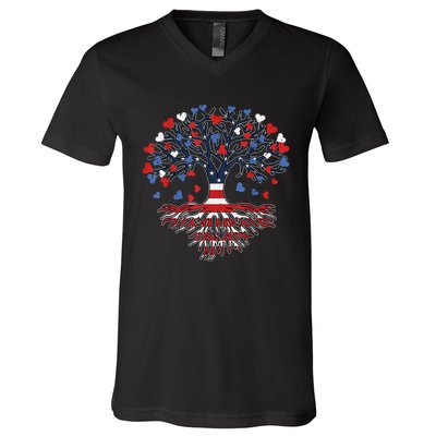 American Tree 4th Of July USA Flag Hearts Roots Patriotic V-Neck T-Shirt