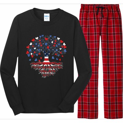 American Tree 4th Of July USA Flag Hearts Roots Patriotic Long Sleeve Pajama Set