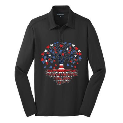 American Tree 4th Of July USA Flag Hearts Roots Patriotic Silk Touch Performance Long Sleeve Polo